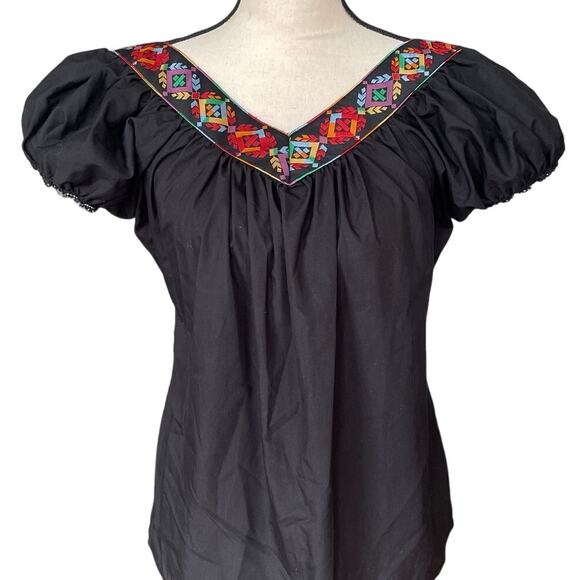 Vintage Henderson's Black Puff Sleeve V-Neck Peasant Top Size Small - Picture 1 of 9